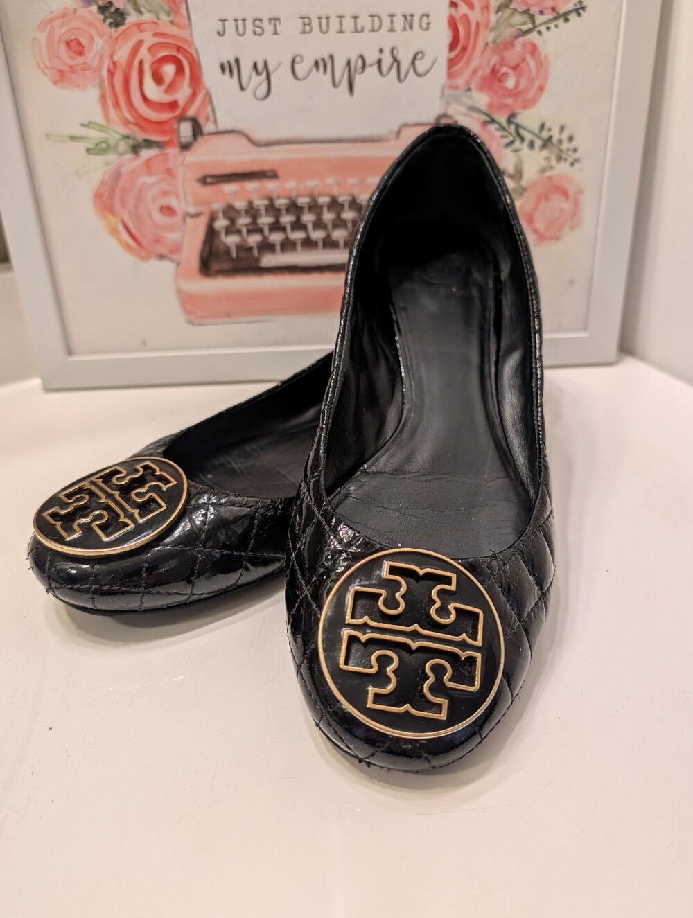 🖤 Vintage Tory Burch Quinn Patent Leather Quilted Slip On Logo Ballet Flats 9.5